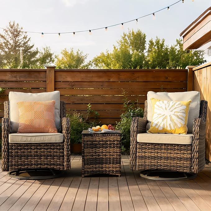 MEISSALIVVE 3 Pieces Patio Furniture Set with Swivel Chair, Outdoor Swivel Rocker with Washable Cushions & Tempered Glass Tabletop, Outdoor Rattan Conversation Set for Lawn Backyard Porch (Brown)