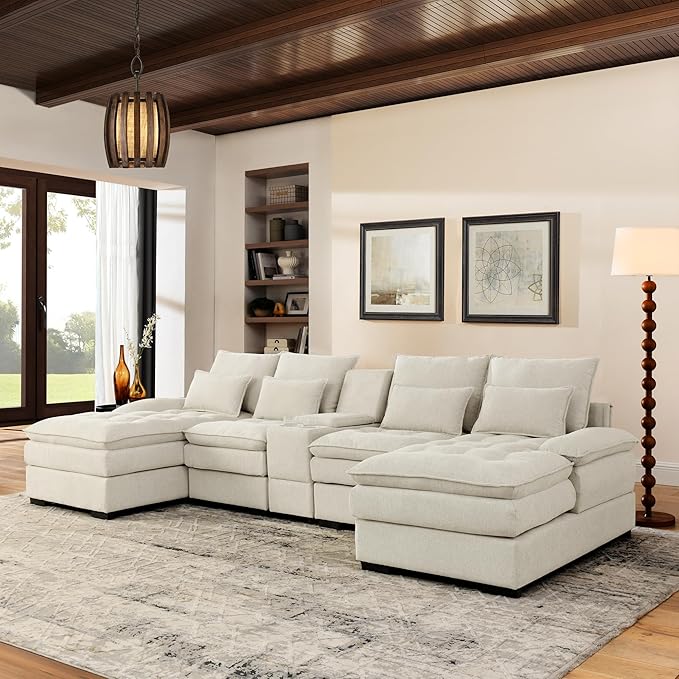 130" U-Shaped Sectional Sofa with Storage Console & Cup Holders, Upholstered 6 Seat Living Room Sleeper Couch Furniture Set w/Chaise, Cloud Cushion Couch for Home, Office, Apartment,Beige