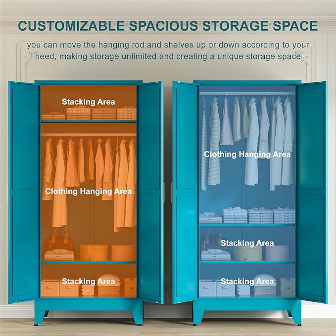 LCAOPC 71" Tall Metal Wardrobe Closet with Adjustable Shelves and Hanging Rod, 2 Doors Free Standing Armoire Wardrobe Cabinet for Bedroom, Office, Laundry Room, Blue