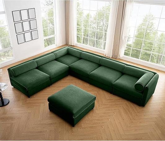 KEIKI 143" Large Modular Chenille Sectional Sofa with Storage Seat, 1 Ottoman, 6-Seater Couch with Cylindrical Backrest and 1 Armrests, Easy Assembly, for Apartment, Living Room, Green