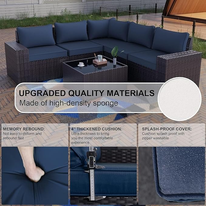 Kullavik Outdoor Patio Furniture Set 6 Pieces Sectional Rattan Sofa Set Brown PE Rattan Wicker Patio Conversation Set with 5 Seat Cushions and 1 Tempered Glass Table,Navy Blue