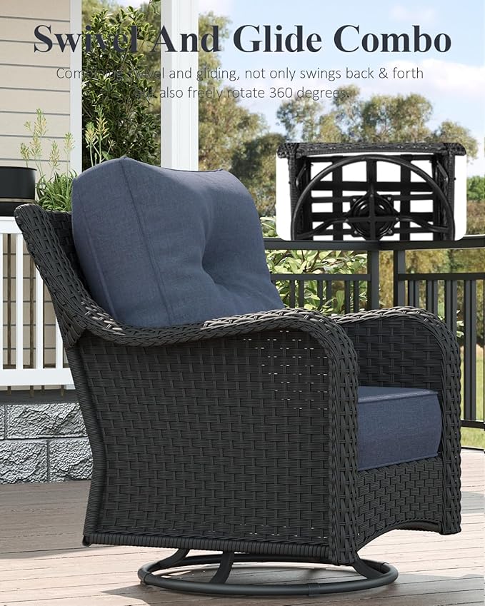 LayinSun 10 Piece Wicker Outdoor Furniture Set with 6-inch Comfy Cushions, High Back Patio Furniture Set with Swivel Rocking Chairs and Fire Pit Table