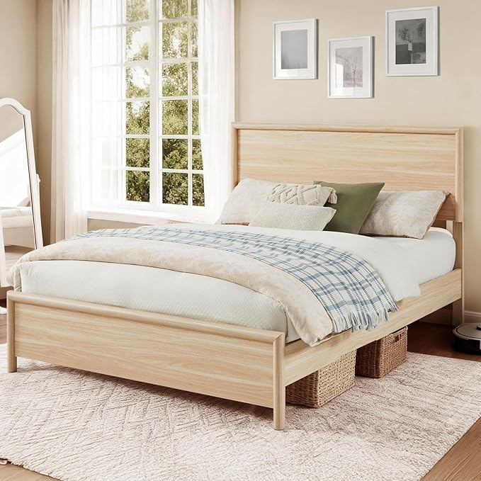 Bed Frame and Nightstand Set, Queen Wood Bed Frame with Headboard and 2 2-Drawer Nightstands, 3 Pieces Mid-Century Modern Bedroom Furniture Set, Natural Ash