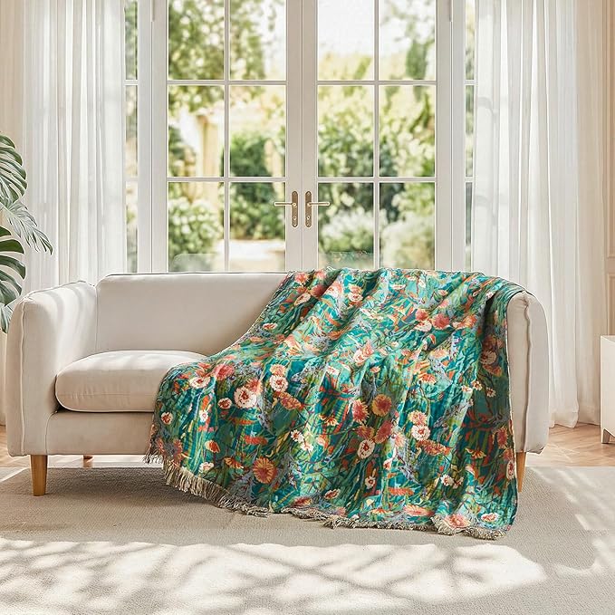 LUTBM Cotton Boho Blanket Queen Size Soft Spring Lightweight Bed Quilt Floral Embroidery Blanket for Bedroom Living Room Home Decor Reversible Blankets 90"x90"