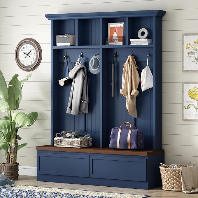 LUMISOL Farmhouse Entryway Hall Tree with Storage Bench, 4-in-1 Mudroom Shoe Cabinet with Open Compartments and 2 Large Drawers, Hallway Coat Rack with 6 Hanging Hooks, Blue by LUMISOL