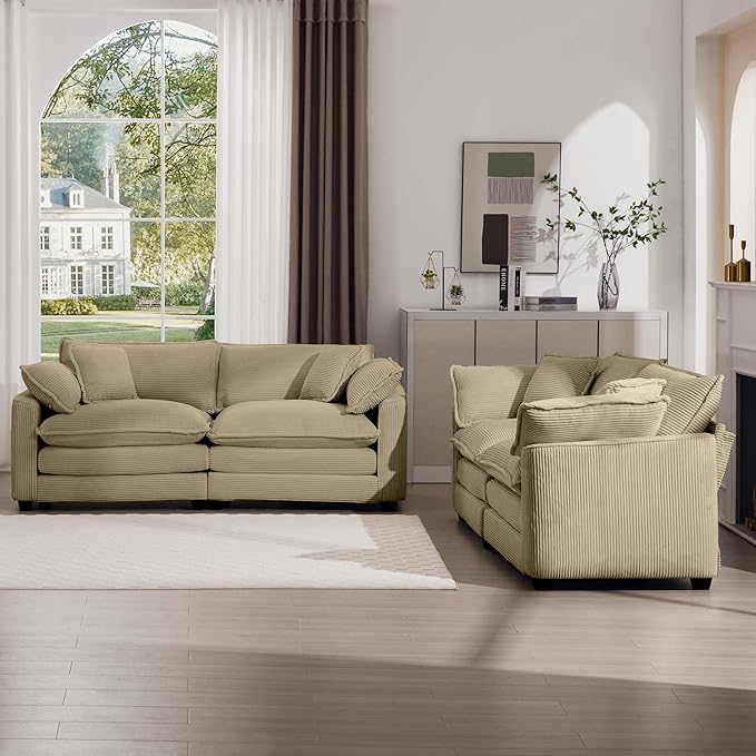 KEIKI 2-Piece Sofa Set with 2 Oversized Corduroy Loveseat Sofa, Upholstered Modern 4-Seater Corner Couch Set with 8 Pillow, High-Density Foam Cushions, Removable Armrests, for Living Room, Tan