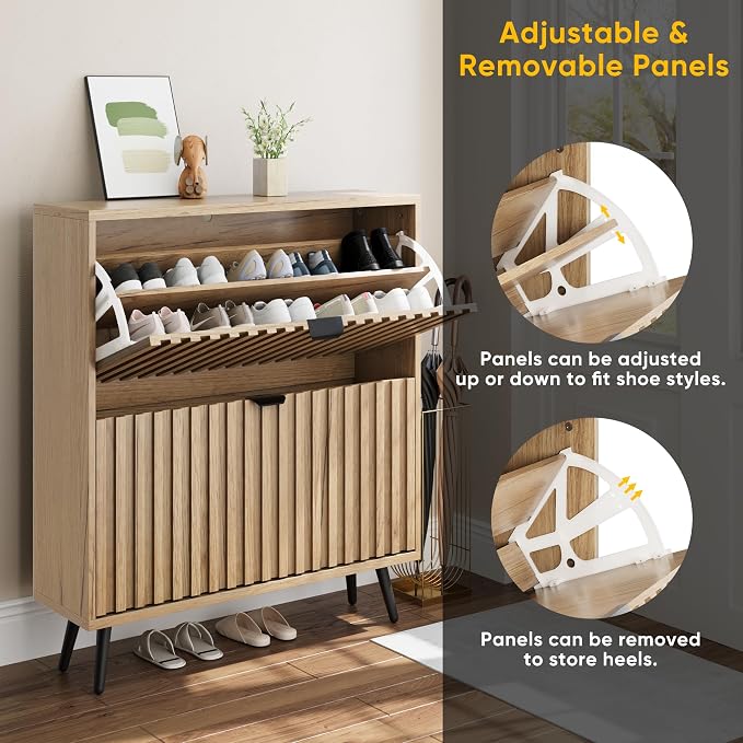 Smuxee Shoe Cabinet with 2 Flip Drawers, 31.5" Natural Hidden Shoe Storage Cabinet with Fluted Design, Freestanding Shoe Organizer Cabinet for Entryway, Hallway, Closet, Living Room - Image 4