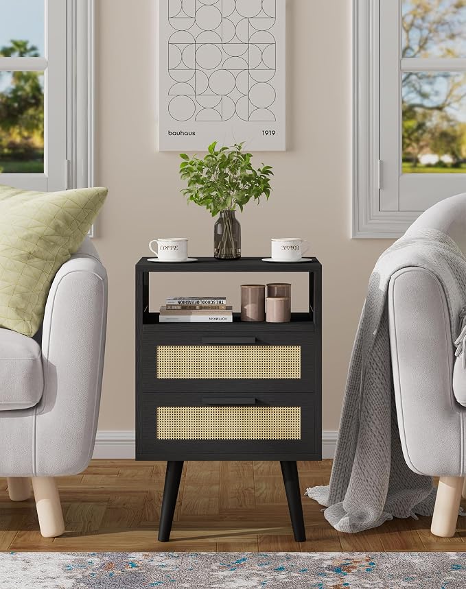 YMYNY Rattan Nightstand Set of 2, Boho Side Table with 2 Drawers, Open Shelf Unit with Arched Design, Solid Wood Legs, Storage Cabinet for Bedroom, Black UHST015B-2 - Image 5