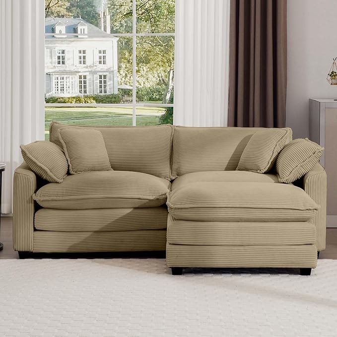 KEIKI 80" L-Shaped Oversized Corduroy Modular Sectional Loveseat Sofa with 1 Ottoman, High-Density Foam Cushions, Removable Armrests, Upholstered 2-Seater Couch with 4 Pillow, for Living Room, Tan