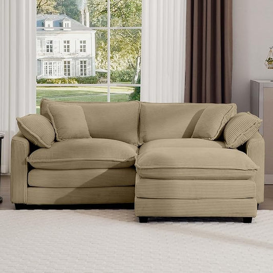 KEIKI 80" L-Shaped Oversized Corduroy Modular Sectional Loveseat Sofa with 1 Ottoman, High-Density Foam Cushions, Removable Armrests, Upholstered 2-Seater Couch with 4 Pillow, for Living Room, Tan