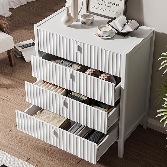 MAISONARIA 3-Piece Dresser Bedroom Set, 4 Drawer Dresser & 2 Drawer Nightstands with Metal Handles, Fluted Wood Chest of Drawers for Bedroom, Living Room, Entryway, White