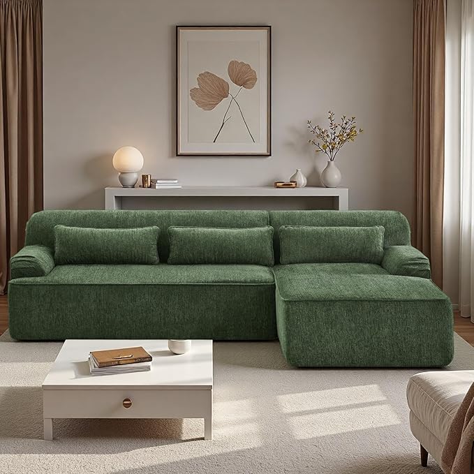 L-Shaped Sectional Sofa, Luxury Upholstered Chenille 3-Seater Sofa with Right Chaise Lounge & 3 Lumbar Pillows, Modern Comfy Oversized Couch with Side Pocket for Living Room, Apartment, Green