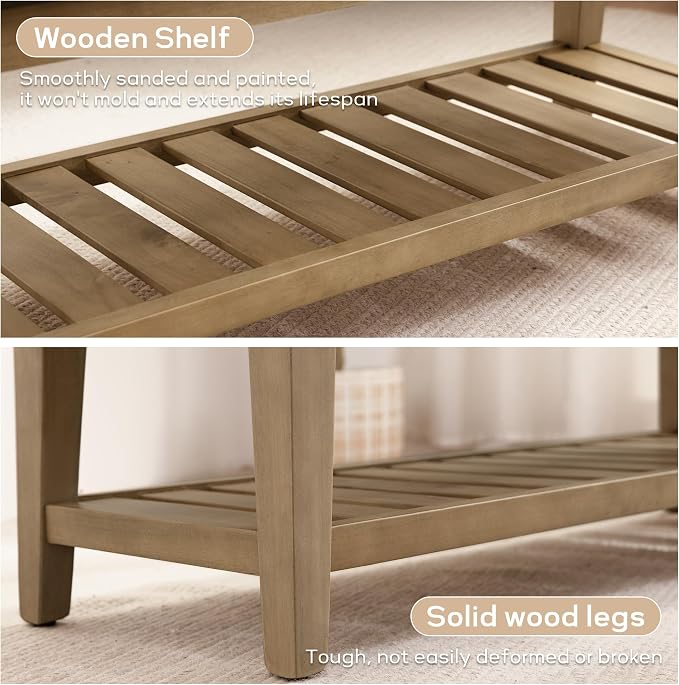 Entryway Bench with Cushion, Upholstered Shoe Rack Bench with Solid Wood Shelf, 44" End of Bed Bench for Bedroom, Chenille Fabric Storage Bench for Entryway, Hallway, Living Room (Brown) - Image 5