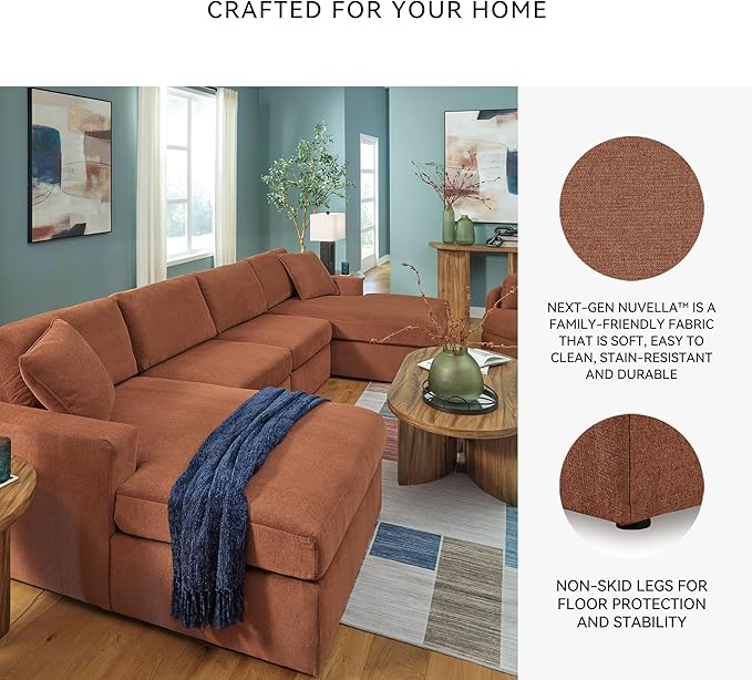 Signature Design by Ashley Modmax Stain Resistant Minimalist Modular Anti Sag 4-Piece Double Chaise Sectional with Loose Reversible Cushions and 2 Accent Pillows, Orange
