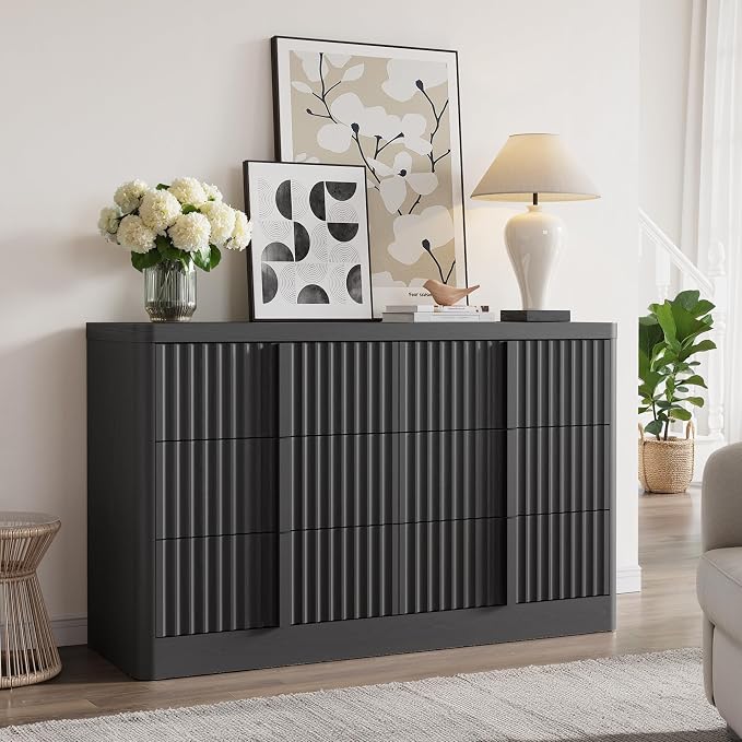 Fluted Dresser for Bedroom, 47" Wide 6 Drawer Dresser, Modern Chest of Drawers with Solid Wood Handle, Curved Profile Design, Wood Dressers Storage Organizer, Living Room, Hallway, Black by Harpaq
