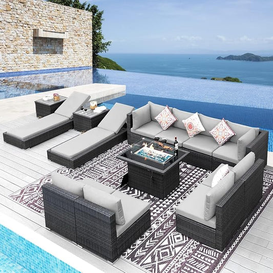 NICESOUL 13 Pcs Patio Set with Fire Pit Table, Modular 10-Seat Wicker Outdoor Sectional with Fire Pit & Chaise Lounge, 500 lbs High Weight Capacity Deep Seated Sectional Couch Set, Light Gray