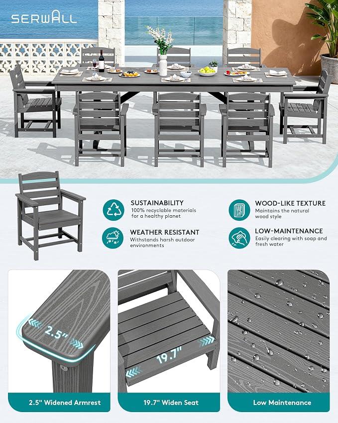 SERWALL 9 Piece Outdoor Dining Set, 84" HDPE Outdoor Table and Chairs for 8，All Weather Patio Furniture Set with Umbrella Hole for Backyard, Garden, Gray - Image 4