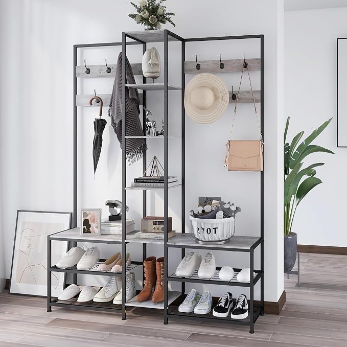 GiftGo Corner Hall Tree with Shoe Rack Storage Bench Display Open Shelves Modern Industrial Entryway Coat Rack Stand for Home Living Room Mudroom Bedroom Multifuncitonal 5 in 1 (Greige) - Image 5