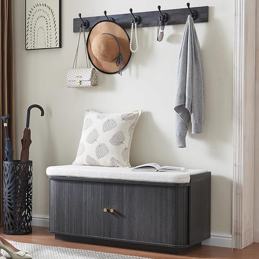 Hall Tree with Bench and Shoe Storage, Entryway Bench with Sliding Door Cabinet, Removable Padded, Metal Wall Hooks and Adjustable Storage Compartments, for Entry, Hallway, Living Room, Dark Grey by Unknown