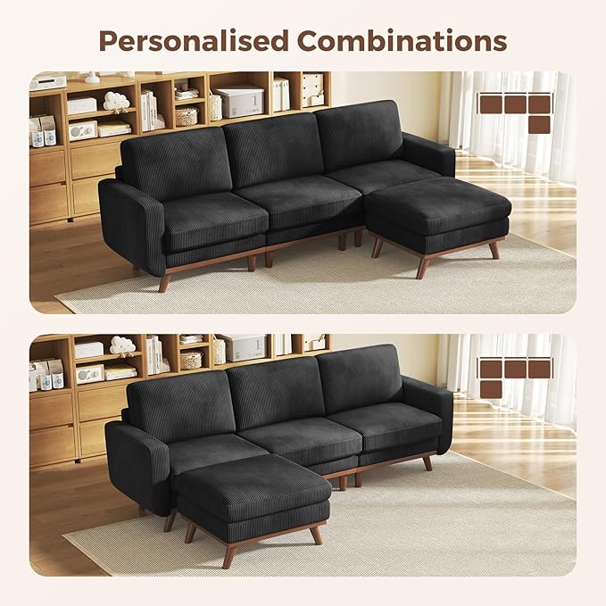 Vesgantti 97" Modular Sectional Sofa Black, L-Shaped Couch with Movable Ottoman, Comfy Corduroy Couch with Spring Cushion, Modular Sofa with Deep Seat for Living Room, Bedroom and Apartment