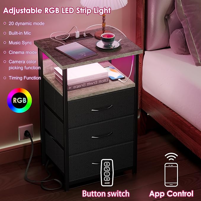 Fixwal Night Stand with Charging Station, LED Nightstand with Fabric Drawers, End Table with PU Finish, Bed Side Table, French Oak - Image 4