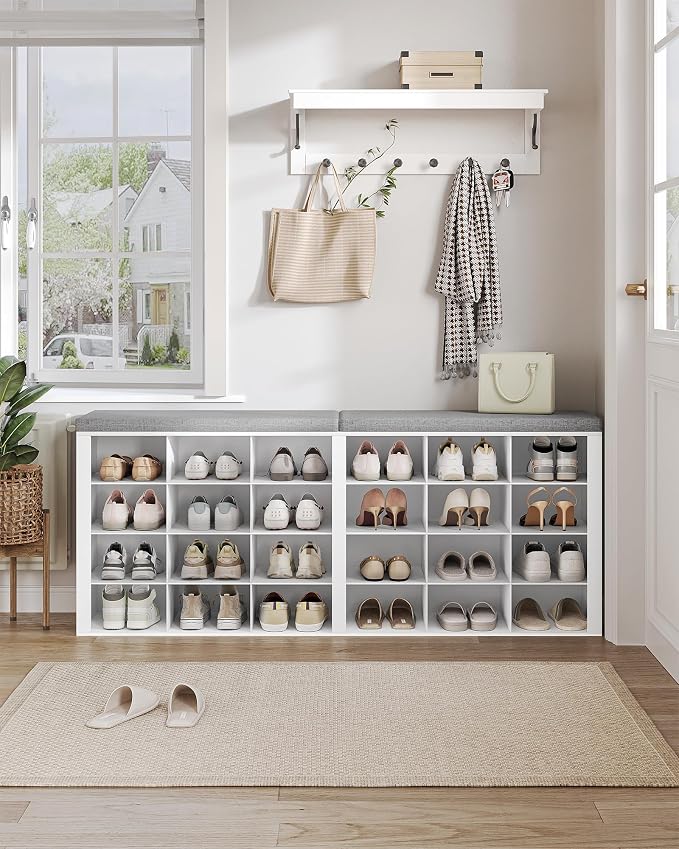 Hzuaneri Shoe Storage Bench with Cushion, Entryway Storage Bench with 24 Cubbies, 9.5" Widened Organizer Cabinet, Long Cubby Rack for Living Room, Bedroom, Entryway, White SB32403GY - Image 3