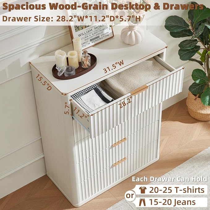 LEYAOYAO Fluted 5 Drawers Dresser Set of 2, 41" Tall Modern Chest of Drawers with Metal Handle, Curved Profile Dresser TV Stand, Wooden Drawer Organizer for Bedroom, Living Room, Hallway,Antique White - Image 2