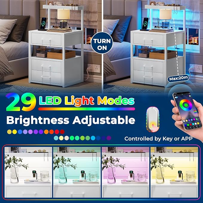 Nightstand with Charging Station and LED Lights, LED Night Stand with 2 USB Ports and 2 AC Outlets, Modern End Table with 3 Drawers, Bedside Table with Open Storage for Bedroom, White - Image 3