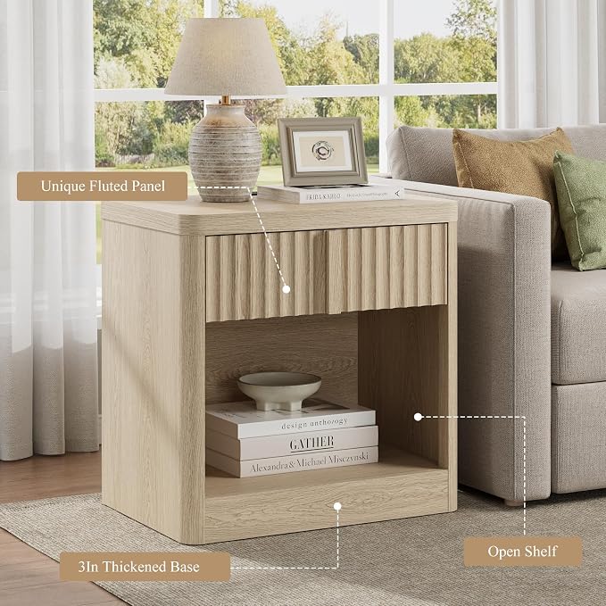 Fluted Nightstand with Charging Station, 23.6" Night Stand with Solid Wood Handle, End Table with Curved Profile Design, Mid Century Moden Bedside Table for Bedroom, Living Room, Natural Oak - Image 3