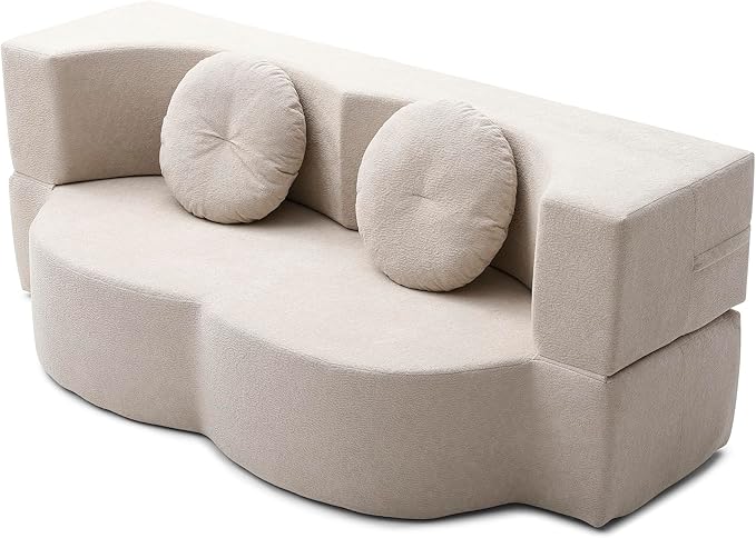KEIKI 2-in-1 Folding Sofa Bed with Pillow, Queen Sleeper Sofa, Floor & Futon Loveseat Couch, Foam Folding Mattress for Living Room, Guest Use, Office, Apartment, No Assembly Required, Beige