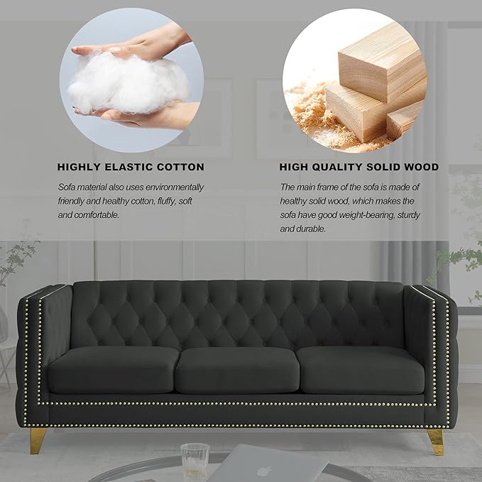 KEIKI Tufted Velvet 3 Seat Sofa Couch for Living Room, Buttons Tufted Square Arm Couch for Home Apartment, Black