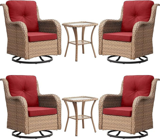 Rilyson Patio Chairs Wicker Outdoor Chair - 6 Piece Rattan Patio Swivel Rocking Chairs Set with Glass Top Side Table for Porch Deck Backyard(Yellow/Red)