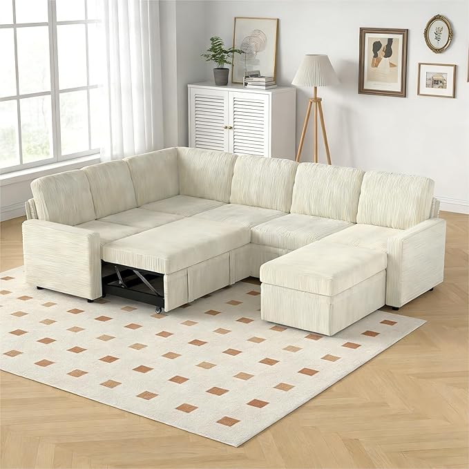 7-Seater Large Sectional Couch with Pull Out Bed, L Shaped Corduroy Sofa with Storage, Convertible Modular Sofa, for Living Room, Apartment, Beige