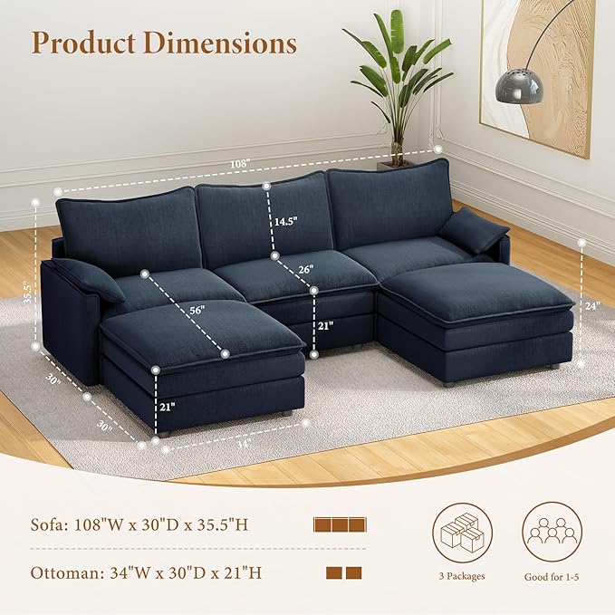 Vesgantti 108" U Shaped Sectional Couch, Deep Seat Cloud Modular Sectional Sofa with 2 Ottoman, Modern Chenille Cloud Sofa Height Adjustable for Living Room, Bedroom and Apartment, Blue