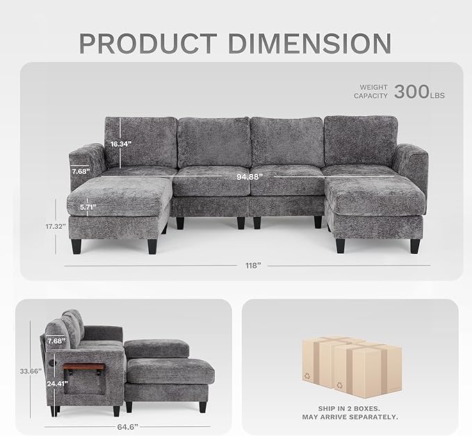118" Sectional U-Shaped Cloud Couch, Modular Modern 4-Seat Sofa, with USB Type C Ports, Foldable Side Table and 2 Ottomans, for Home Living Room, Grey
