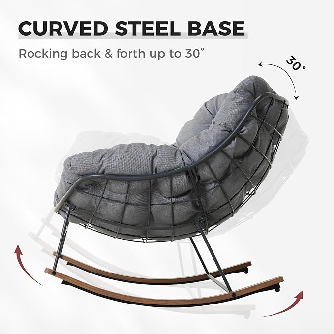 Grand patio Outdoor Rocking Chair, Oversized Papasan Rocking Chair with Thick Cushion, Indoor Outdoor Cozy Rocker for Balcony, Living Room, Patio, Gray - Image 5