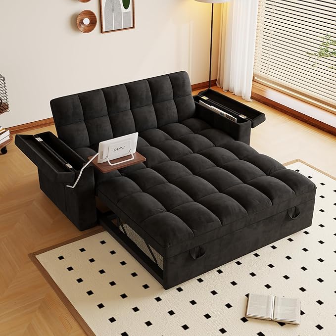Convertible Sofa Bed, 5-in-1 Pull Out Couch with Side Table, Loveseat Sleeper Sofas Bed Couch with USB Port, 65‘’ Velvet Pull Out Sofa Beds for Living Room, Bedroom, Apartment