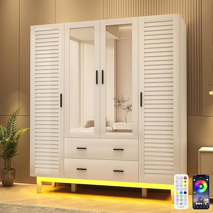 Hlivelood 4 Door Armoire Wardrobe Closet Cabinet with Drawers and LED Lights, Multi-Tier Shelves, Hanging Rod & 4 Louver Doors, Large Capacity Storage Wardrobe Armoire for Bedroom, White