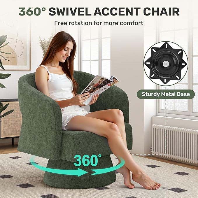Nebuaegis Swivel Accent Chair Set of 2, Modern Comfy Chenille Barrel Chairs, Oversized Upholstered Round Arm Chair for Living Room, Bedroom, Reading Room, Green