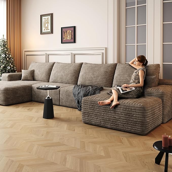 135" U Shaped Sectional Couch with Ottoman, Large Sectional Couches for Living Room, Plush Corduroy Convertible Sleeper Sofa, Compressed Foam Sofa in a Box No Assembly, Left Facing Chaise, Camel