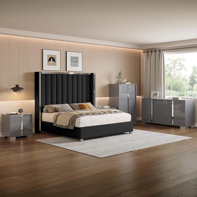 AMERLIFE 5-Piece Modern Bedroom Sets with King Size Upholstered Platform Bed Frame, 58" Wingback Headboard, Spacious 6-Drawer Dresser, Tall Chest, and 2 Coordinated Nightstands, Black and Grey