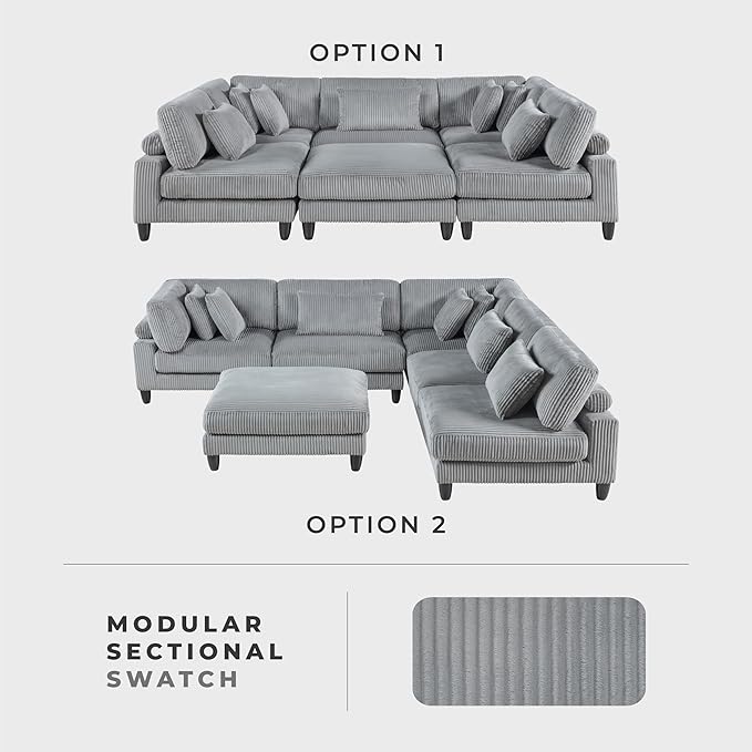 Lexicon 120 Inch Modular Sectional Sofa - Oversized 6 Seater Corduroy L Shaped Sectional Couch with Ottoman, 7 Accent Pillows, and Flexible Arrangement for Modern Living Rooms, Gray