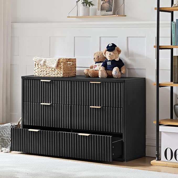 LEYAOYAO Fluted 6 Drawers Dresser for Bedroom, 48" Wide Modern Chest of Drawers with Metal Handle, Black Curved Profile Farmhouse Closet Organizer Wood Dressers TV Stand for Living Room, Hallway - Image 4