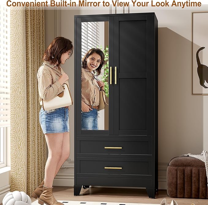 Metal Armoire Wardrobe Closet Storage Cabinet with 2 Doors Black, 71'' Wardrobe with Hanging Rod Metal Closet with Adjustable Shelf and 2 Drawers, Freestanding Storage Cabinet for Bedroom