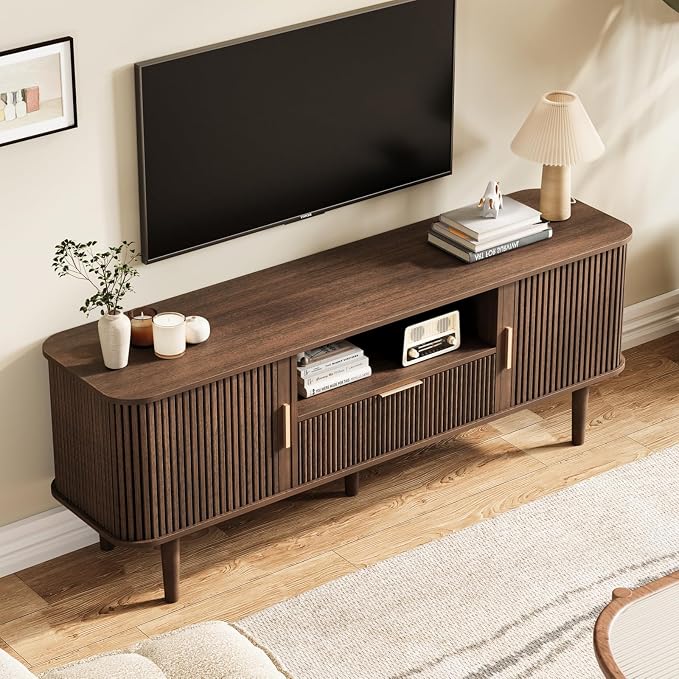 Fluted TV Stand, 55 Inch Mid Century Modern Media Console Table with Sliding Tambour Door Farmhouse Sideboard Buffet Cabinet Fits TVs up to 60 inch, Wood Entertainment Center for Living Room - Image 4