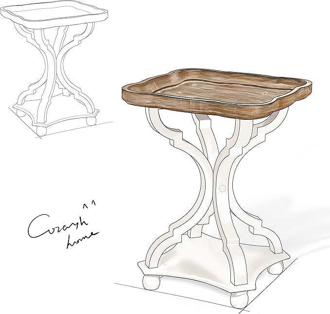 COZAYH Set of 2 Farmhouse Cottagecore End Tables, Rustic Wood Tray Top Square Accent Table with White Curved Legs for Family Room, Living Room, or Small Spaces