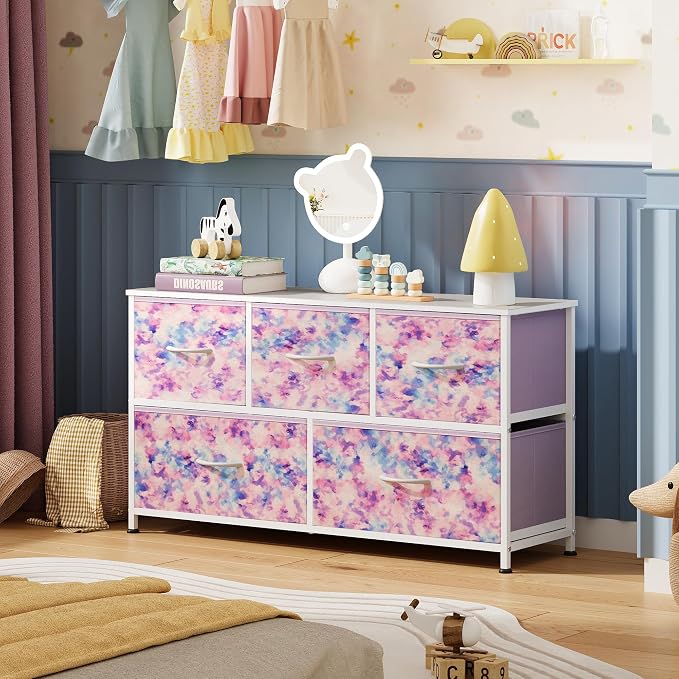 WLIVE Dresser for Bedroom with 5 Drawers, Wide Chest of Drawers, Fabric Dresser, Storage Organizer Unit with Fabric Bins for Closet, Living Room, Hallway, Tie-dye Print (Pink, Purple, Blue) - Image 8