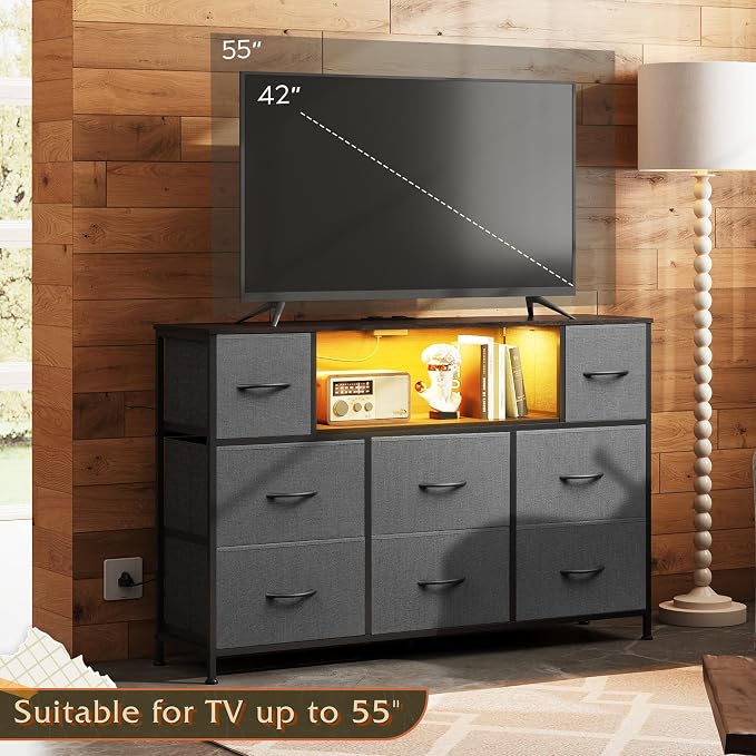 WLIVE Grey Dresser TV Stand for 45, 50, 55 inch TV, Entertainment Center with LED Lights & Charging Station, Chest of Drawers with 8 Fabric Drawers and Open Storage Shelves for Living Room, Hallway - Image 7