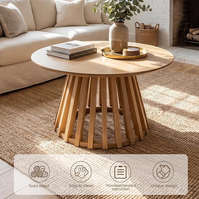 DUOMAY Modern Round Coffee Table with Unique Geometric Base, Sleek White Wood Accent Table for Living Room Office Lounge, Natural Wood Color