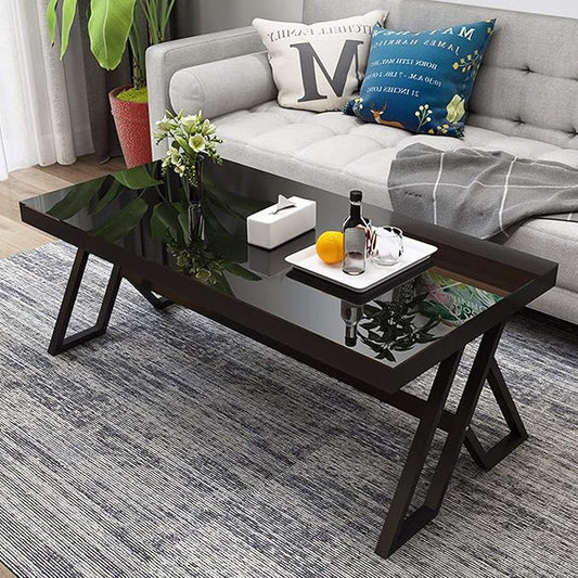 Jerry & Maggie Tempered Glass Tea Table Coffee Table Cocktail Desk Table - Modern Steel Triangular Legs Living Room Desk Decor - Anti Scratch Polished Surface Family Size Dinning Table, Black